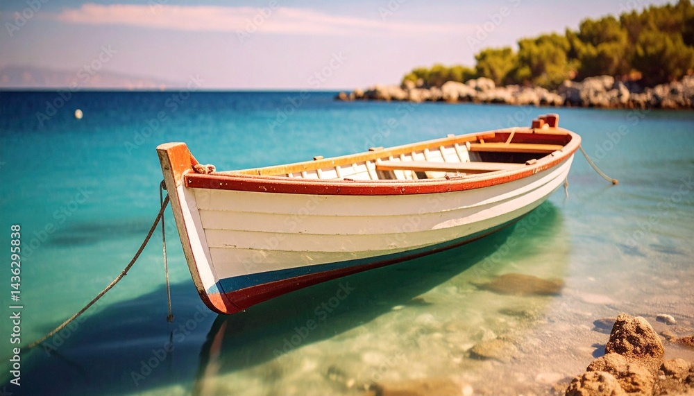 Fototapeta premium Pequeño barco de madera blanco en una tranquila orilla del mar turquesa, exposición prolongada, fotografía hiperrealista,