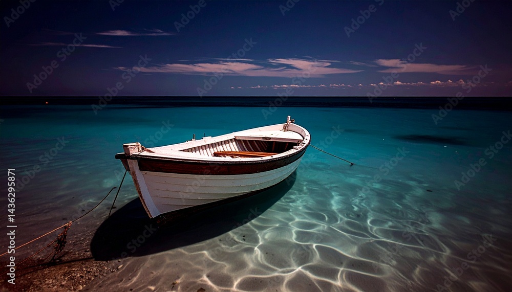 Naklejka premium Pequeño barco de madera blanco en una tranquila orilla del mar turquesa, exposición prolongada, fotografía hiperrealista,