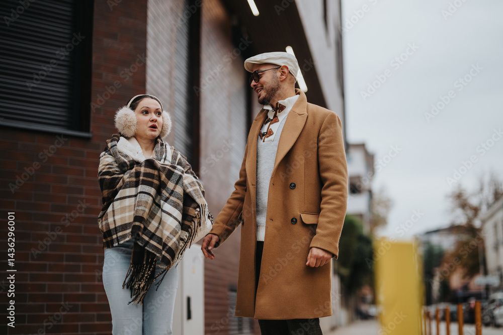 Obraz premium Young couple enjoying a walk outdoors in fall wearing cozy scarves