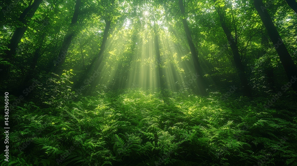 Obraz premium A wide-angle view of the forest canopy from below on a summer day, showcasing dense green foliage with sunlight filtering through the leaves, revealing the beauty and tranquility.