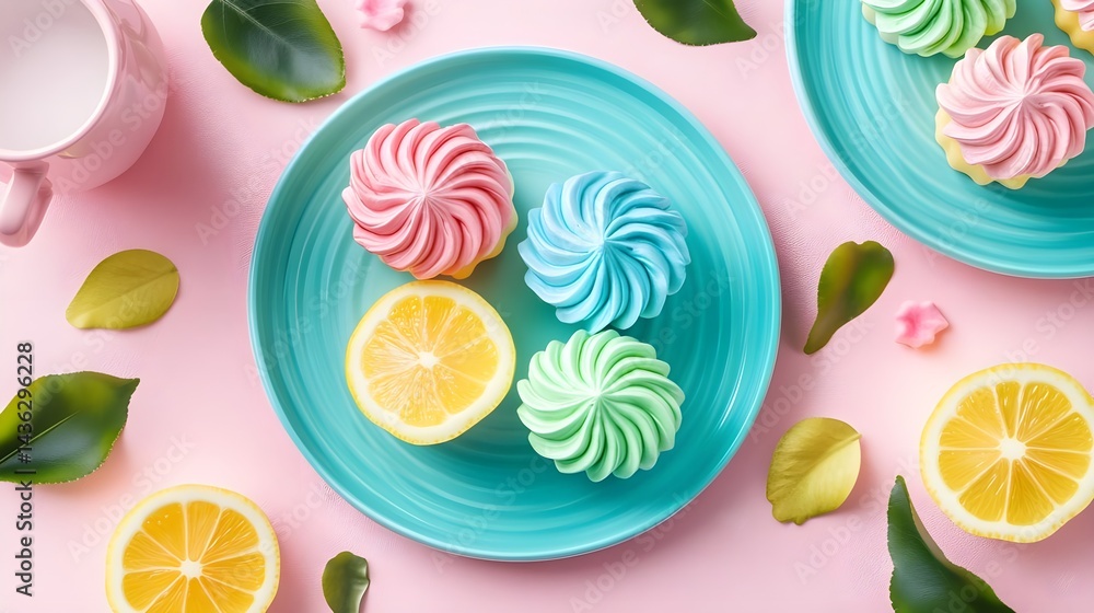 Colorful Mini Cakes on Teal Plates with Lemon Decorations Colorful Mini Cakes on Teal Plates with Lemon Decorations