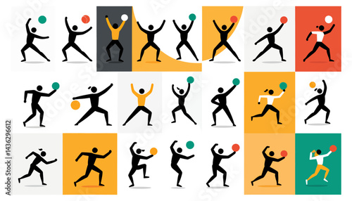 Stick Figures Playing Sports_Colorful Geometric Background_Active Lifestyle Illustration_Teamwork and Movement_Sports Art_Creative Design_Vibrant Visuals