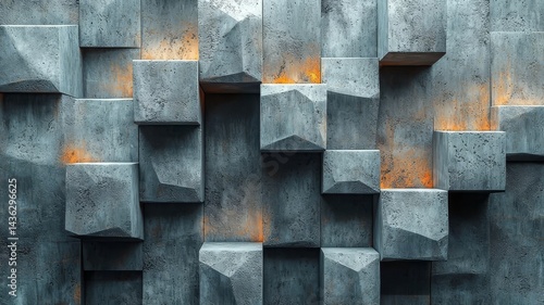 Textured concrete wall with geometric blocks and warm lighting, creating a modern industrial aesthetic ideal for contemporary design projects.