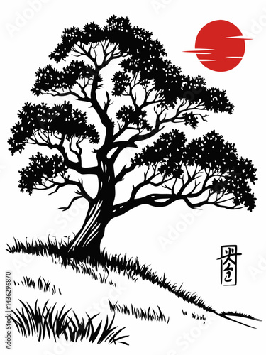 Minimalistic illustration with black tree and red sun on empty background for design
