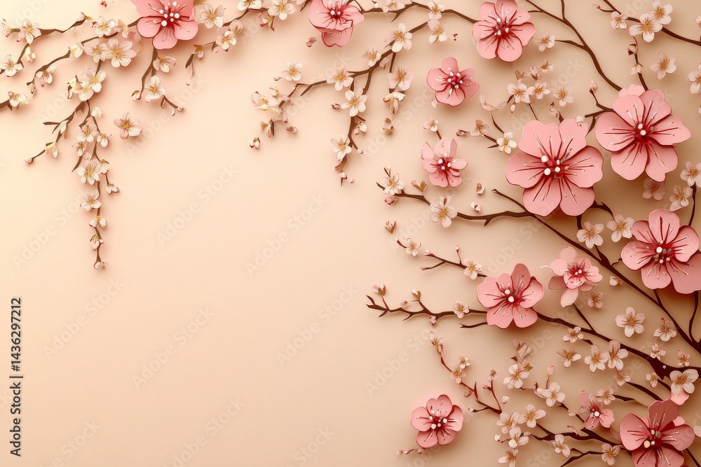Fototapeta premium Delicate, pastel pink blossoms artfully arranged on a soft peach backdrop.