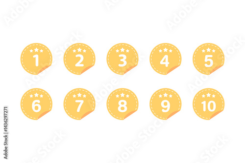 Yellow star number 1 to 10 round label sticker set. Achievement, reward, success concept. Flat decorative vector design isolated illustration.