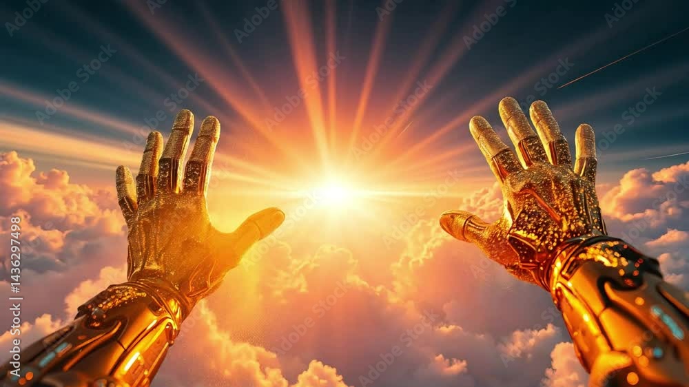 Golden Robotic Hands Reaching for Sunset Sky