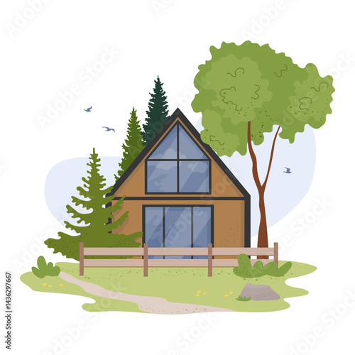 Wood chalet for ecotourism in forest. Modern glamping house with panoramic window surrounded by trees Stylish modular eco-home. Comfortable outdoor recreation concept vector illustration isolated