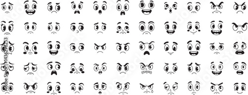 Vector cartoon faces, abstract design mascots - y2k stickers and badges, happy, angry expressions, sticker and icons with different face expressions