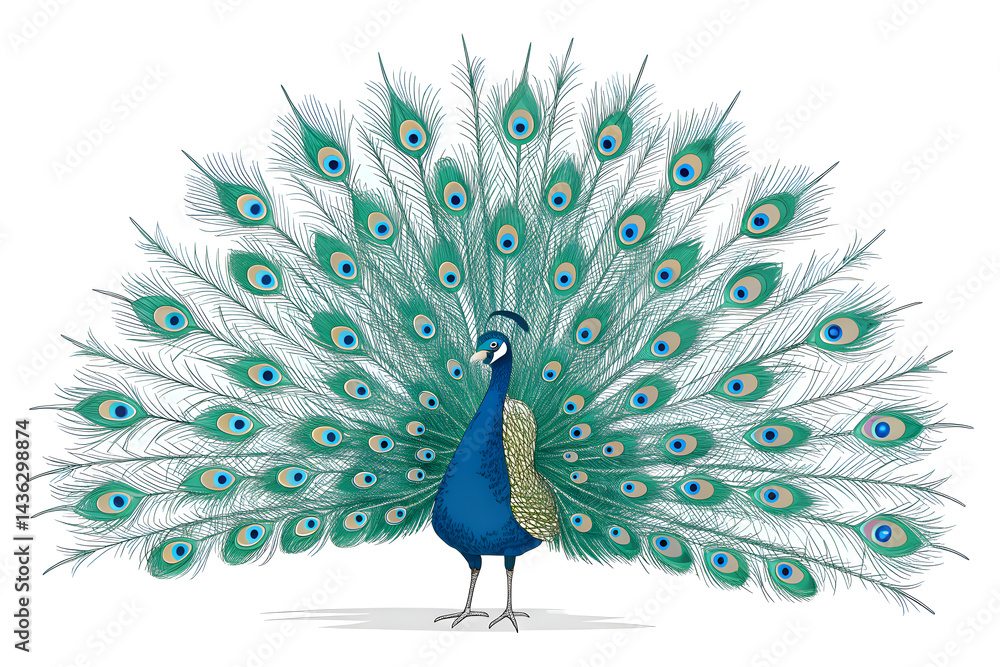 Fototapeta premium A vibrant blue peacock, a beautiful bird displaying its colorful feathers in a proud dance against a white backdrop.