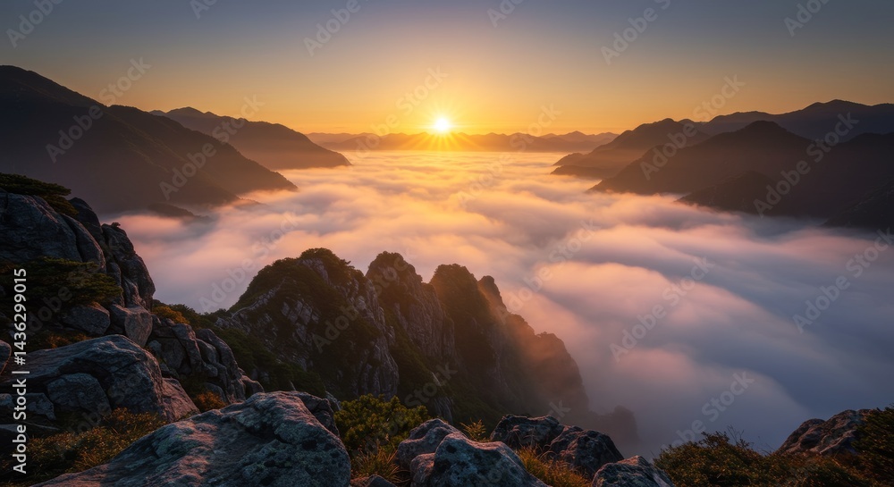 Fototapeta premium Breathtaking mountain scenery at sunrise with sea of clouds and golden light illuminating the rugged peaks and valleys for travel and adventure concepts