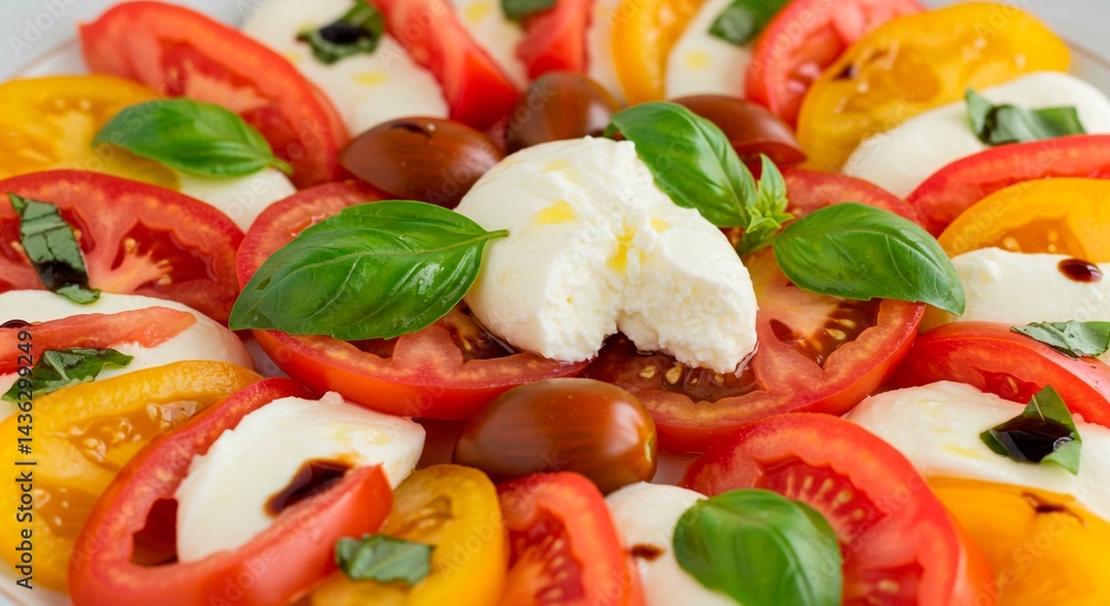 Close up of a colorful caprese salad with tomatoes, mozzarella and basil leaves on a white plate Close up of a colorful caprese salad with tomatoes, mozzarella and basil leaves on a white plate