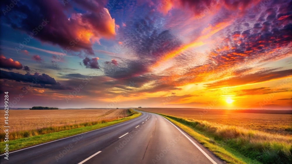 Naklejka premium Asphalt road curves gently through a vast golden field under a breathtaking sunset sky, painted with vibrant hues of orange, purple, and pink