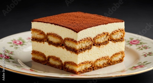 Wallpaper Mural Close up of a square tiramisu dessert topped with cocoa powder on a floral patterned plate Torontodigital.ca