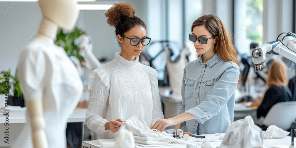 Obraz premium Two fashion designers inspect fabric samples collaborating in a modern studio with bright lighting