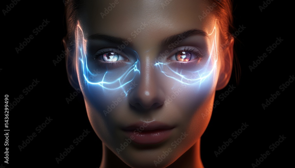 Futuristic woman with glowing tech features on her face, staring intensely. Futuristic woman with glowing tech features on her face, staring intensely.