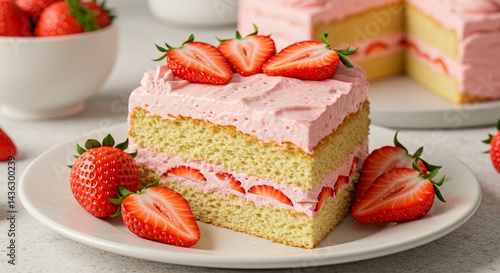 A slice of strawberry cake with pink frosting and fresh strawberries on a white plate close up view