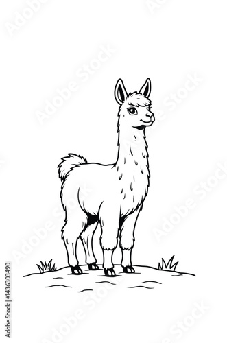 Llama Standing On Grass Ink Drawing