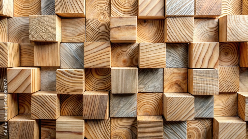 Obraz premium Abstract Wooden Cube Wall Art Natural Light and Shadow Play on a Textured Surface