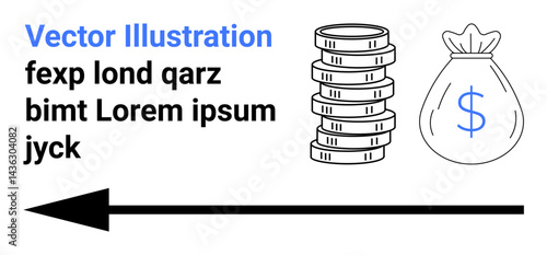 Stacked coins, a money bag with a dollar sign, and a bold arrow suggesting transaction or financial direction. Ideal for business, economy, trade, banking, investment, fintech simple landing page