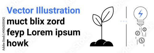 Sketch of a growing sapling with soil. Adjacent light bulb emits energy with symbols thumbs up coins. Ideal for sustainability, environment, growth, innovation, finance, ecology, simple landing page