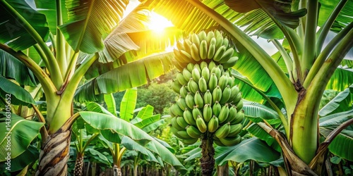 Wallpaper Mural Lush Green Banana Plantation Illuminated by Sunlight A Vibrant Scene of Unripe Bananas Growing on a Banana Tree, Surrounded by Lush Green Foliage Under the Warm Glow of the Sun Torontodigital.ca
