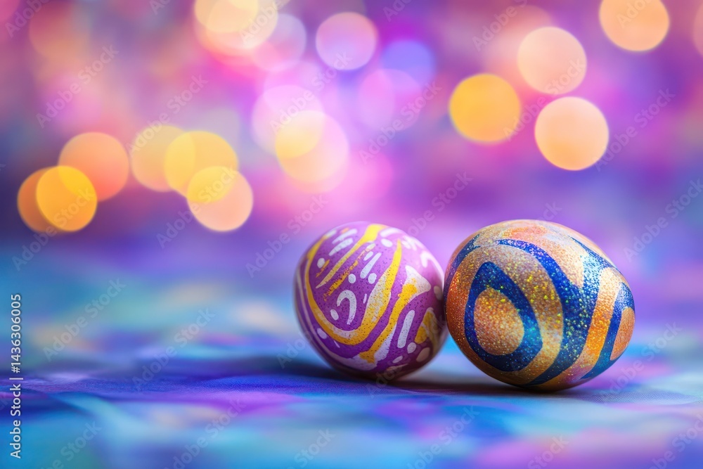 Fototapeta premium Easter eggs on a colorful background with bokeh light 