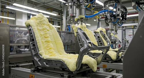 Manufacturing Seat Foam Applying Robotically in Automotive Factory Interior View