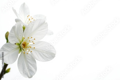 Delicate white flower blossoms against pure white background, delicate, beauty, white flower