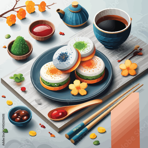 illustrated Japanese meal spread on a table. traditional dishe background,wabi sabi