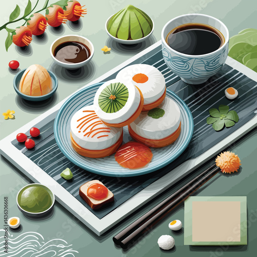 illustrated Japanese meal spread on a table. traditional dishe background,wabi sabi