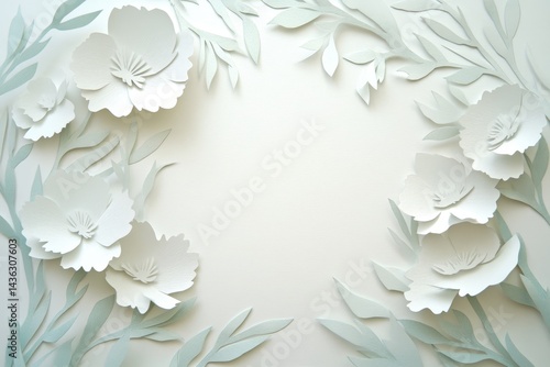 Elegant paper flowers and leaves create a delicate frame.