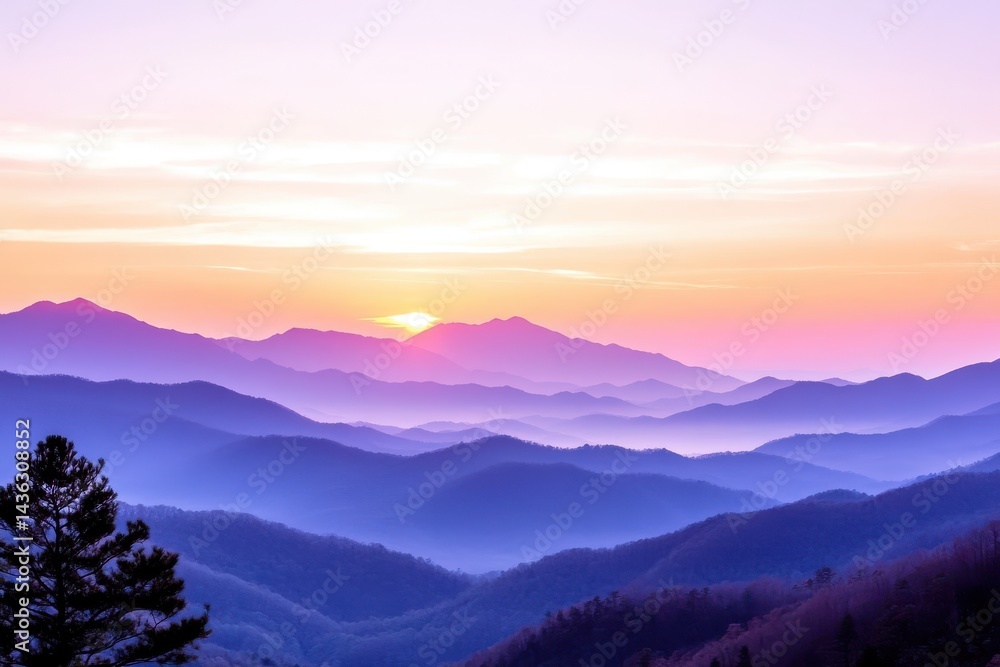 Obraz premium This breathtaking photograph captures a stunning landscape of rolling mountains painted in shades of purple and blue, set against a vivid sunset sky. The sun is setting behind the distant peaks.
