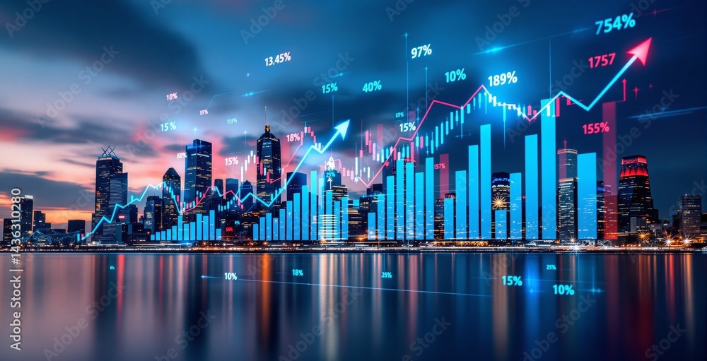 Business concept showing futuristic financial graphs, stock market charts, and data visualization over a modern city skyline at sunset, Ai generative
