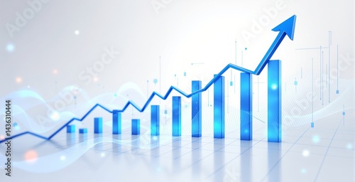 Blue bar chart with upward arrow on bright white background, futuristic graphic style, depicting financial growth and business success concept. Ai generative