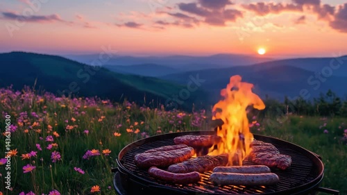 Wallpaper Mural Grilling Meat at Sunset in a Scenic Mountain Field Torontodigital.ca