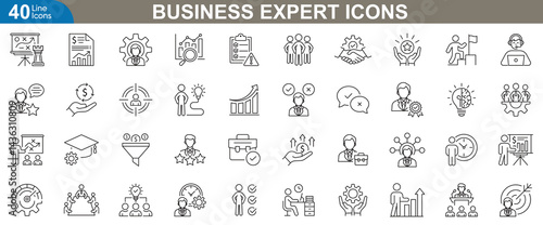 Business expert icons set. Strategy, market analysis, financial report, growth chart, target audience, plan, sales funnel, team management and more. Vector illustration