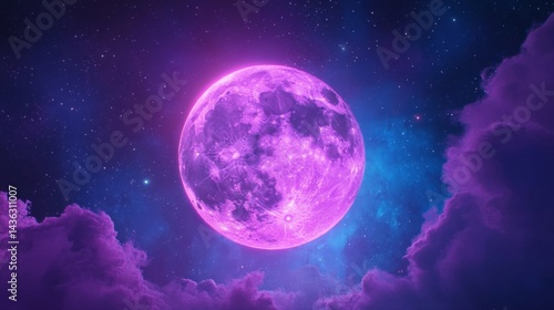 Pink Purple Moon Night Sky with Stars and Clouds