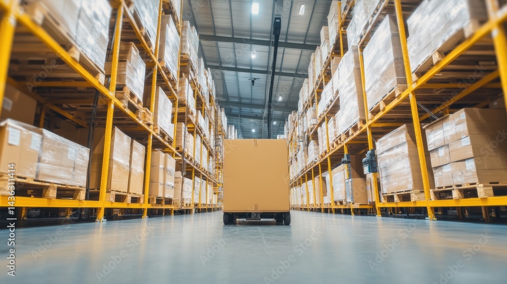 Large warehouse with stacked boxes and bright overhead lighting. Large warehouse with stacked boxes and bright overhead lighting.