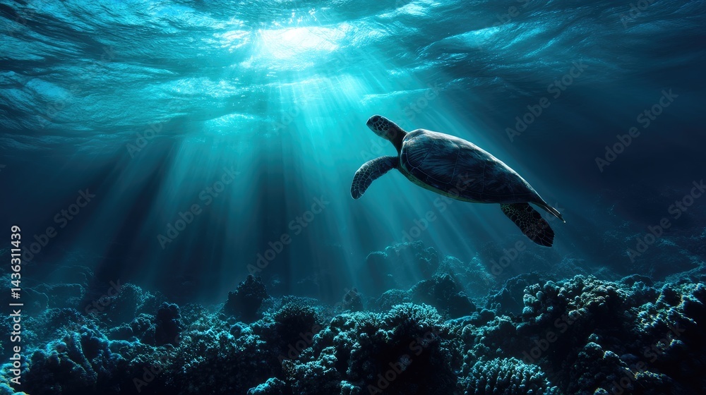 Obraz premium Sea turtle swimming amidst underwater coral reefs, bathed in sunlight.