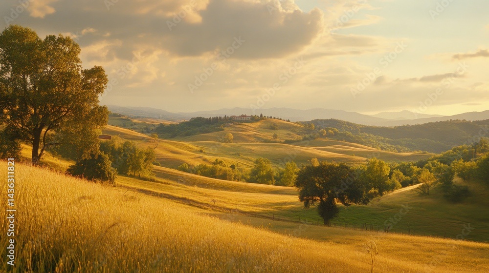 Fototapeta premium Golden sunset over rolling hills with lush greenery and scattered trees.