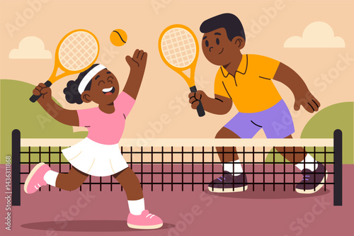 Boy and girl playing tennis on outdoor court with rackets and ball