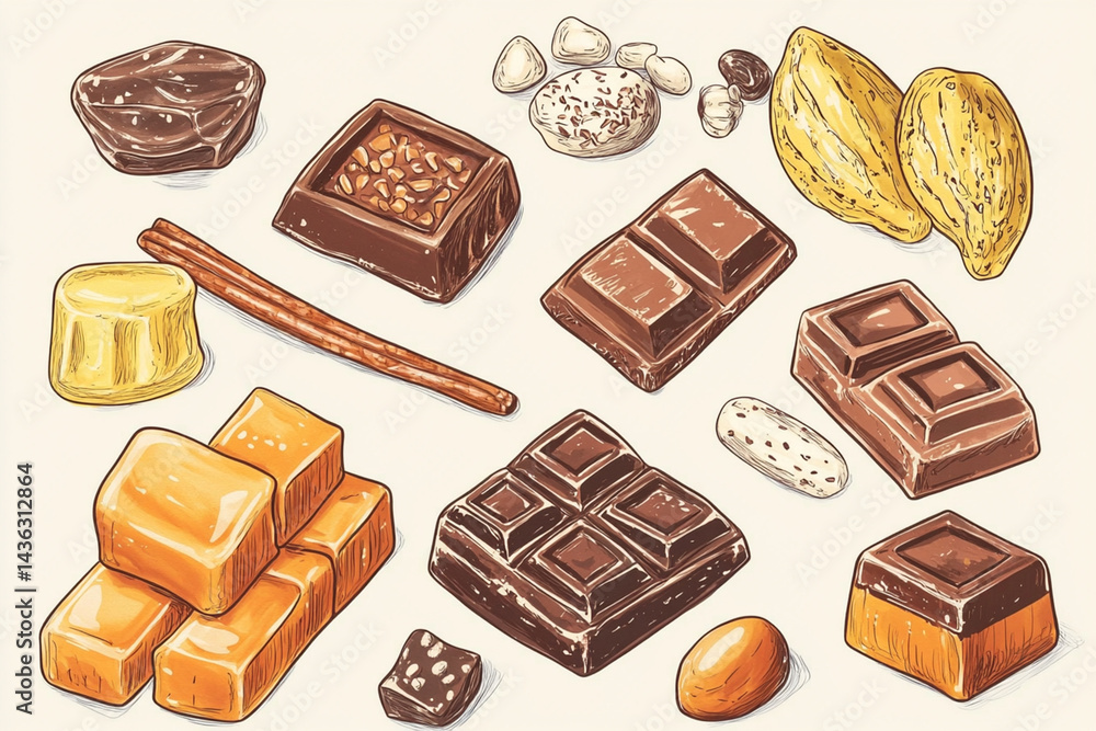 Bright hand-drawn set of sweets, caramels, toffees and chocolate bars on a light background Bright hand-drawn set of sweets, caramels, toffees and chocolate bars on a light background