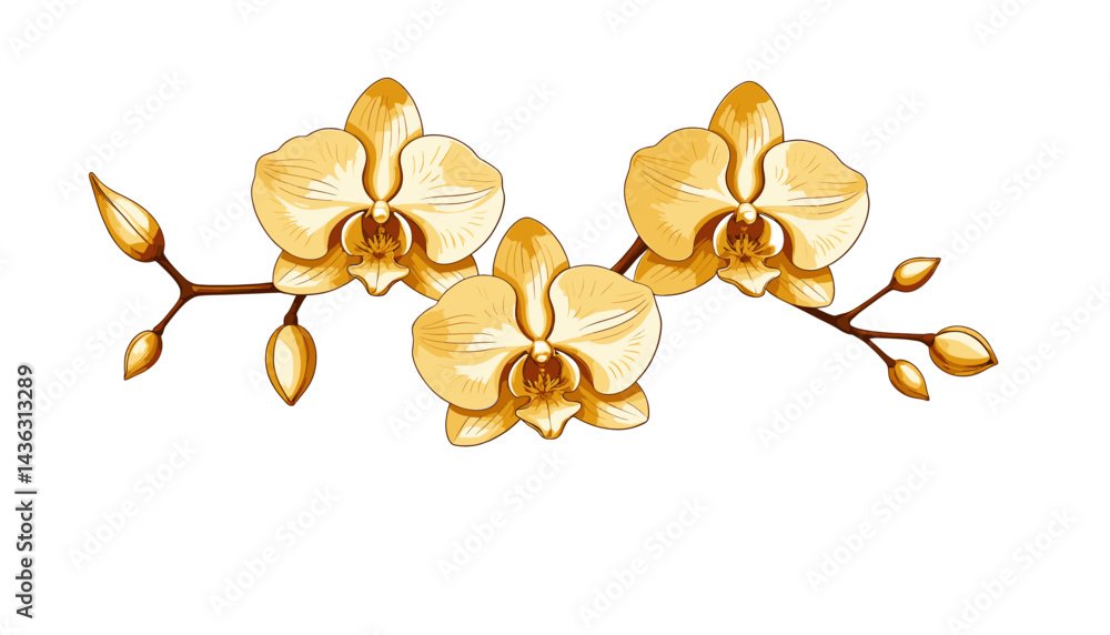 Naklejka premium Golden Orchid Flowers Illustration_Detailed Vector Image of Beautiful Yellow Orchids on a Branch_Perfect for Floral Designs and Botanical Art Projects_Download Now