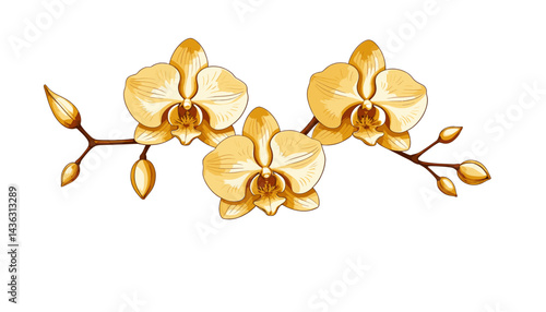 Golden Orchid Flowers Illustration_Detailed Vector Image of Beautiful Yellow Orchids on a Branch_Perfect for Floral Designs and Botanical Art Projects_Download Now
