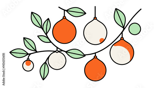 Botanical Illustration of Citrus Fruits and Leaves_ Modern Fruit Tree Branch Art_ Minimalist Orange and White Fruit Design_ Fresh and Vibrant Art Print