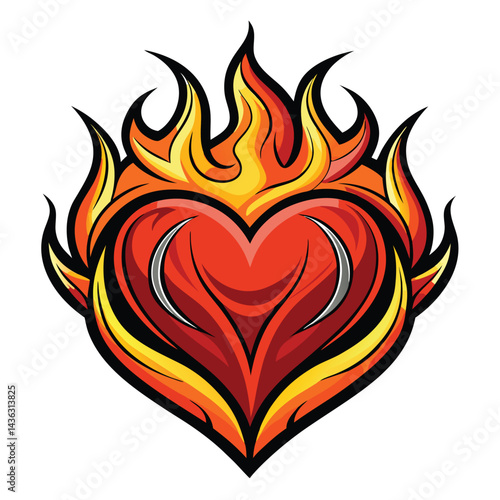 Heart with fire, flames on top convey heat power, vector illustration on white background.