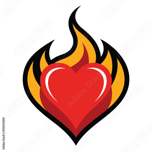 Heart with fire, flames on top convey heat power, vector illustration on white background.