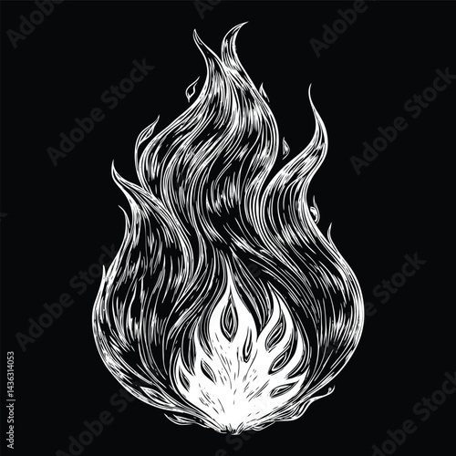 Fire line drawing, night time, black and white illustration, vector illustration on black background