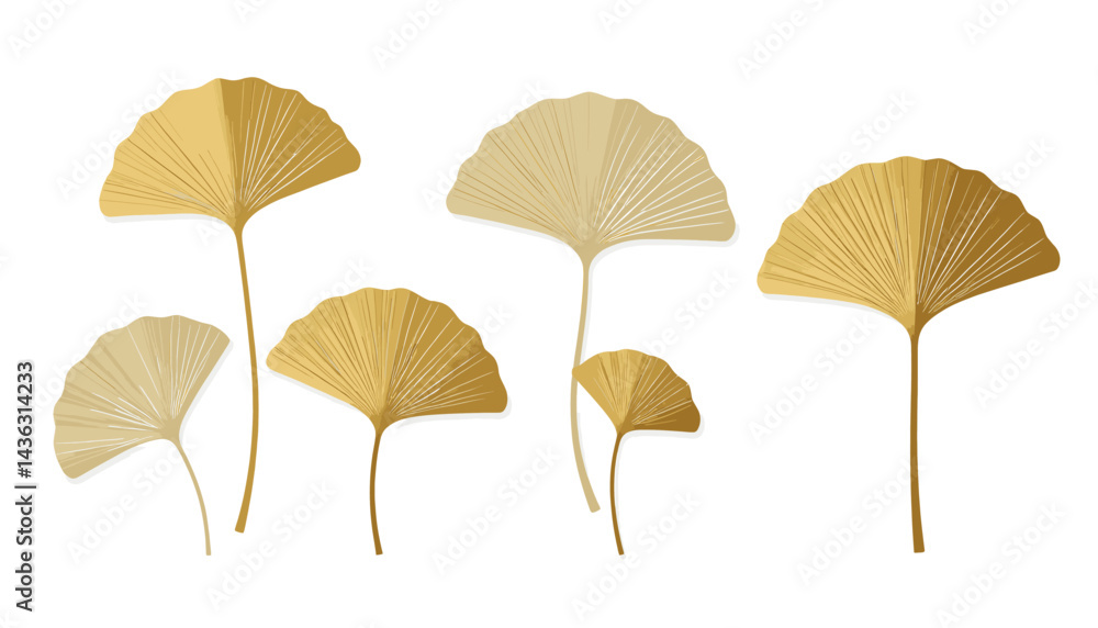 Fototapeta premium Golden Ginkgo Leaves Illustration_Elegant Botanical Art with Golden Fan Shaped Foliage_Minimalist Design for Wall Decor and Backgrounds_Ginkgo Biloba Aesthetic